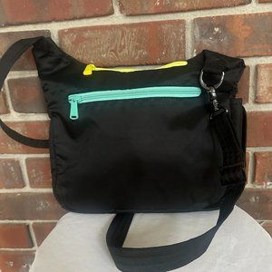 LUG V SWING CROSSBODY BAG BLACK , LIME GREEN AND YELLOW W WATER BOTTLE LIKE NEW